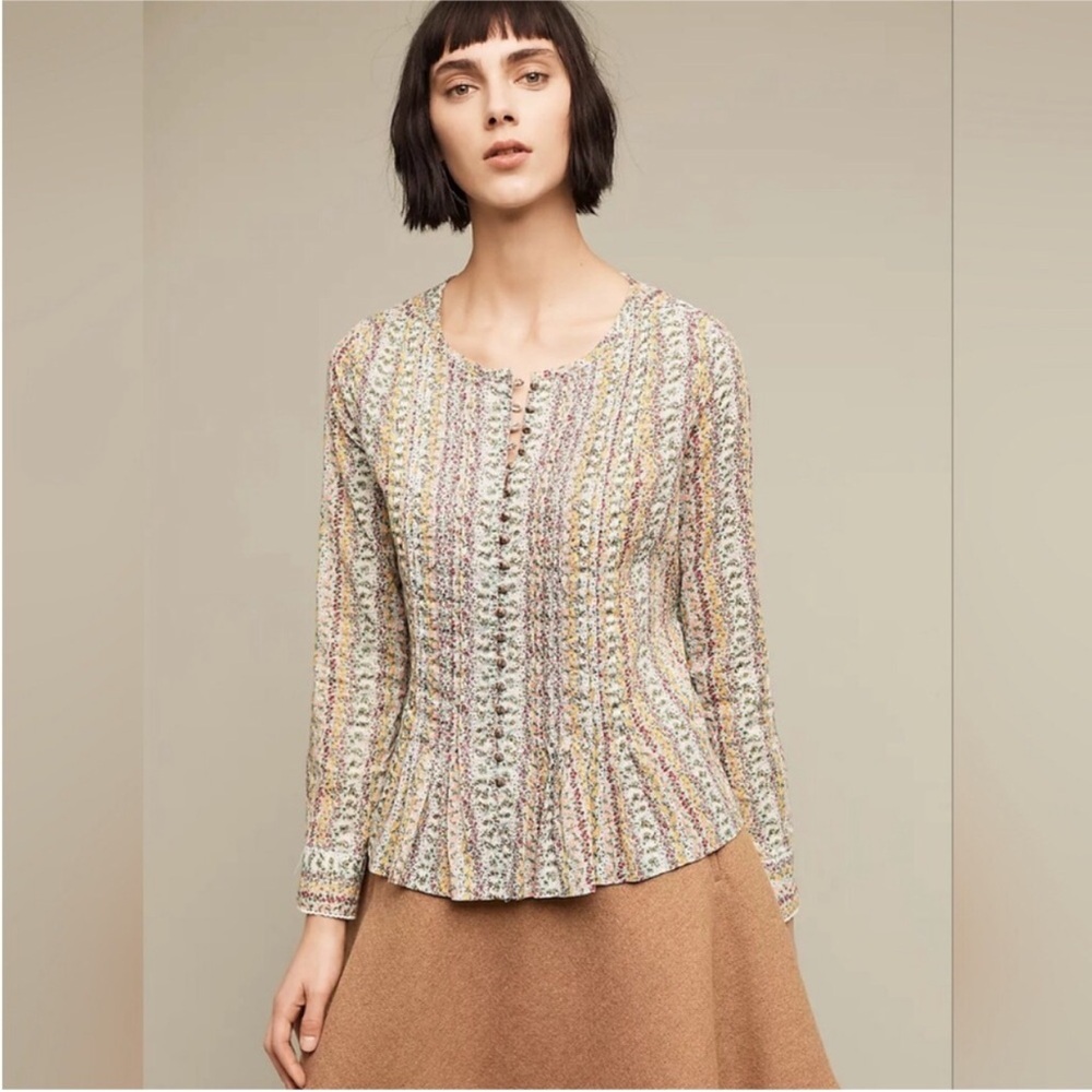Maeve Anthropologie Pintuck Gelise Floral Blouse Top Prairie Cottagecore